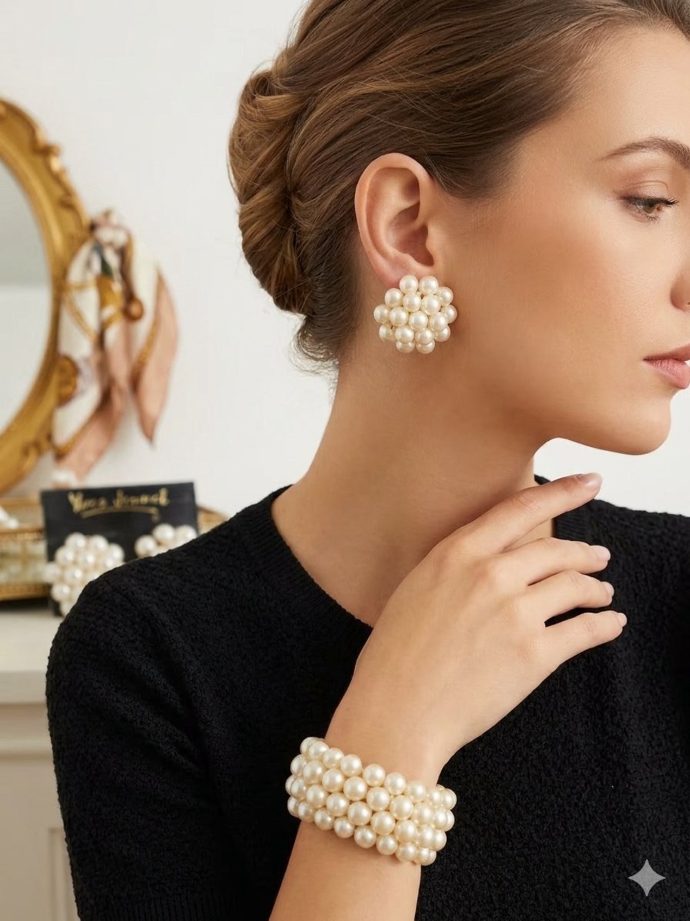 Vintage Yves Jennet Faux Pearl Cluster Clip-On Earrings & Stretch Bracelet Set